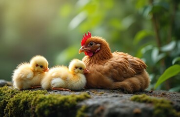Fototapeta premium Mother hen rests with fluffy chicks on mossy rock. Newborn birds huddle near parent in nature. Cute poultry family bonds outdoors on a warm sunny day, celebrating new life.