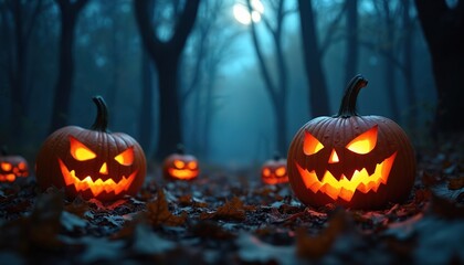 Scary carved pumpkins glow in dark autumn forest. Spooky jack-o-lanterns sit on ground covered with dry leaves. Full moon light shines through misty trees creating eerie atmosphere.