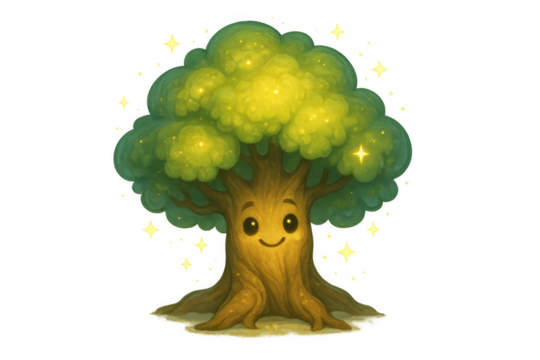 Happy magic talking tree character smiling, glowing with sparkling leaves, cute cartoon fantasy nature on transparent background - Powered by Adobe