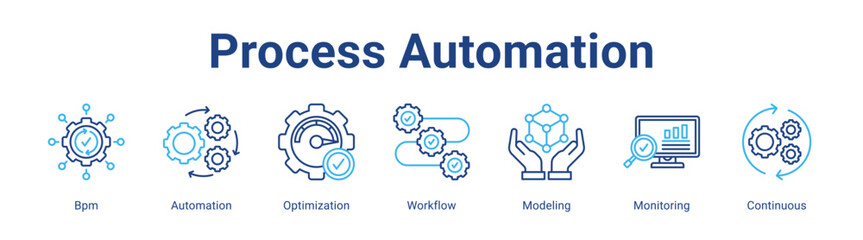 Process Automation web icon vector illustration concept with icon of Bpm, Automation, Optimization, Workflow, Modeling, Monitoring, Continuous,in modern flat vector style.