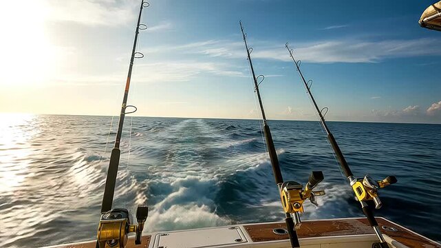 Three fishing rods on a boat with ocean waves and a sunny sky in the Generated with Ai background image photo