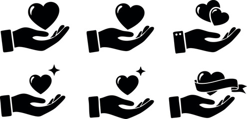 Hand holding heart icons set with caring and loving gestures in vector design for emotional support and kindness concepts