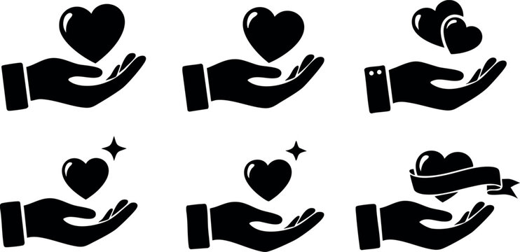 Hand holding heart icons set with caring and loving gestures in vector design for emotional support and kindness concepts