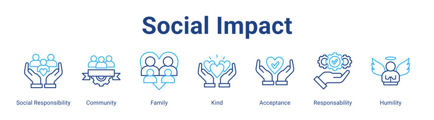 Social Impact web icon vector illustration concept with icon of Social Responsibility, Community, Family, Kind, Acceptance, Responsability, Humility,in modern flat vector style.