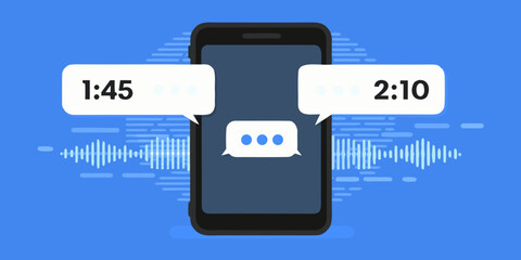 Smartphone displaying message bubbles with timestamps and audio waveform visualization on blue background