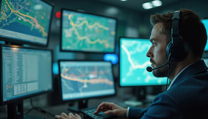 Focused man wears headset, working in tech control room. Monitors multiple screens showing city maps, data, routes. Operator manages public transport systems, ensuring smooth urban logistics, smart