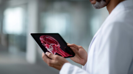 Close-up of a medical professional using a tablet displaying a 3D anatomical model of the human skull and facial muscles. The scene illustrates modern medical education, digital le
