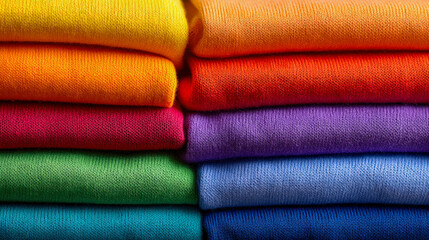 Vibrant multicolored cotton fabric pieces neatly stacked in a rainbow-inspired arrangement showcasing bright yellow, orange, red, purple, green, light blue, and dark