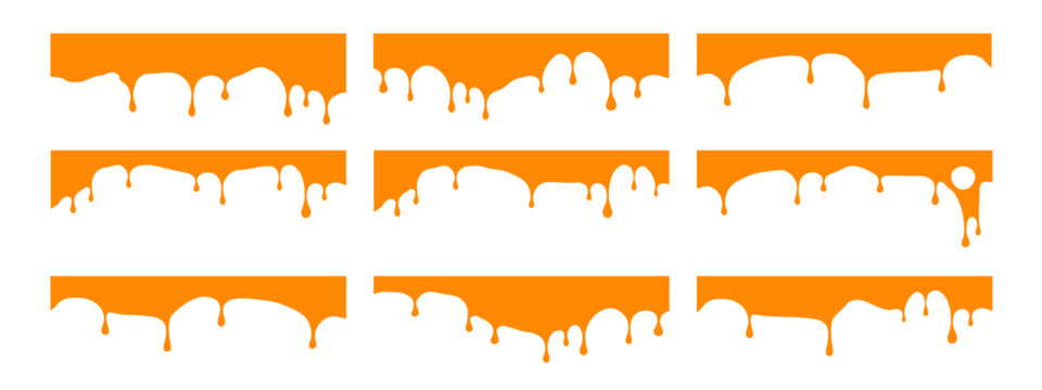 Orange honey caramel background with drip melt cheese and wave flow sauce. Vector smooth juice with orange design and honey caramel elements for chocolate sweet. Fudge cheddar food applications.