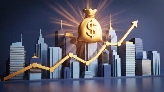 Dynamic financial growth animation with skyscrapers and upward trending gold line, perfect for illustrating investment success and economic progress in a modern urban environment