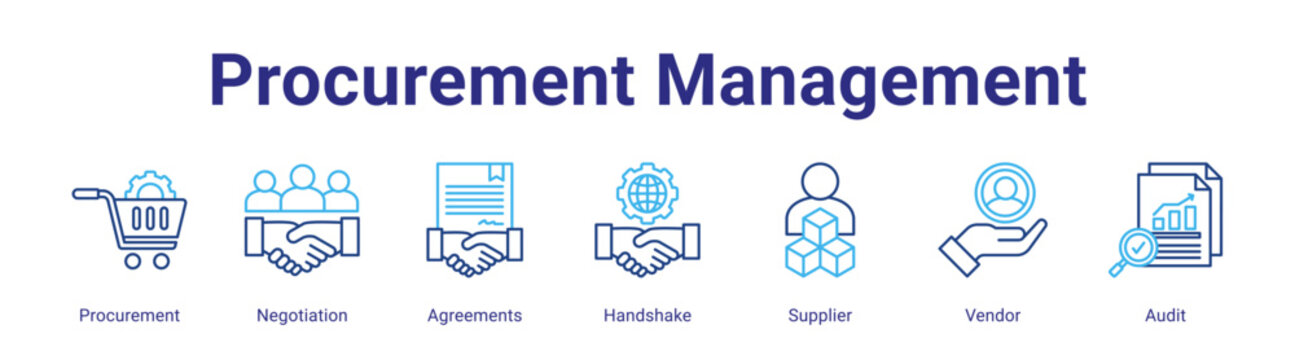 Procurement Management web icon vector illustration concept with icon of Procurement, Negotiation, Agreements, Handshake, Supplier, Vendor, Audit,in modern flat vector style.