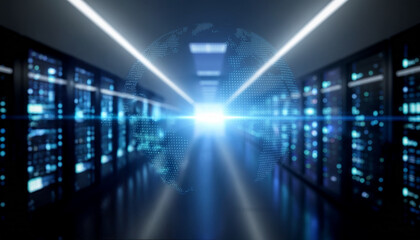 A futuristic data center interior with servers and bright lighting, showcasing technological advancements and data storage