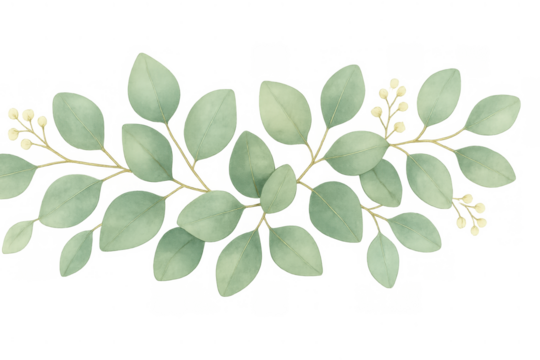 Eucalyptus leaves branch garland with watercolor texture, creating greenery botanical decorative design element