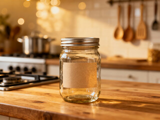 Pote de vidro vazio com tampa metálica e rótulo simples em kraft, sobre mesa de madeira em cozinha iluminada e aconchegante, fundo desfocado com utensílios e fogão