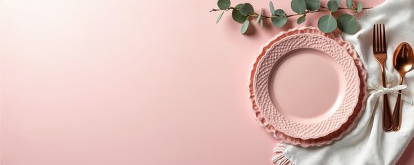 Pink plates and copper cutlery arranged with eucalyptus branch on pastel background. Elegant table setting for special occasion, wedding or tea party, romantic dinner.