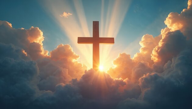 Wooden cross silhouetted against dramatic sky with sunbeams breaking through clouds. Symbol of hope and faith, perfect for religious events or spiritual inspiration.