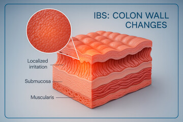 Cross-section medical illustration of colon wall layers showing localized irritation and tissue inflammation caused by IBS symptoms.
