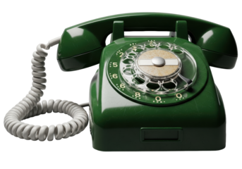 A vintage forest green rotary telephone, worn bakelite housing, clear dial mid-rotation, taut white coiled cord, isolated on a transparent studio background. Concept of vintage technology nostalgia