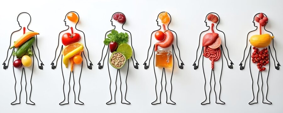 Outlines of human bodies filled with fruits, vegetables, and organs. Concept of healthy eating impacts internal body systems and overall wellness. Nutrition guides diet.