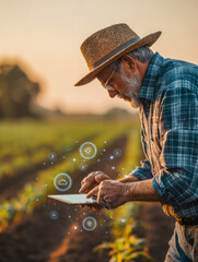 Elderly farmer using digital tablet with futuristic smart farming icons in agriculture field during golden hour for precision crop monitoring and weather tracking