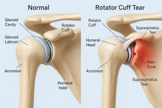 Shoulder Anatomy with Normal and Torn Rotator Cuff. Detailed medical comparison of a healthy shoulder joint and one with a rotator cuff tear, highlighting affected tendons and pain area.

