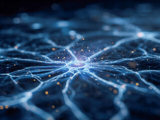 Visualization of a glowing blue neural network with interconnected pathways and glowing particles representing data transmission in a digital environment