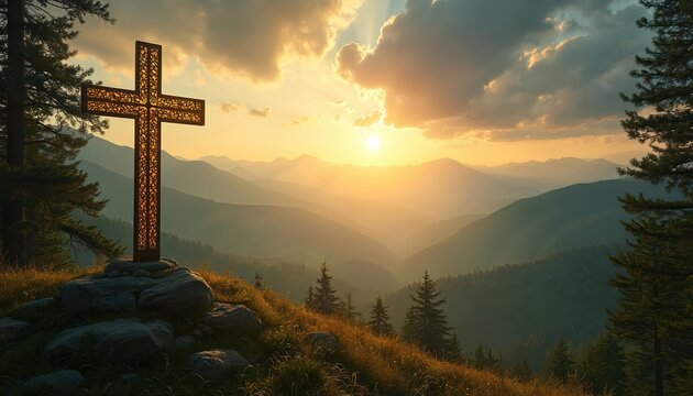 Cross on mountain summit during sunset. Hills and valleys fade into distant haze, dramatic clouds fill the sky, sun rays break through. Majestic landscape view.