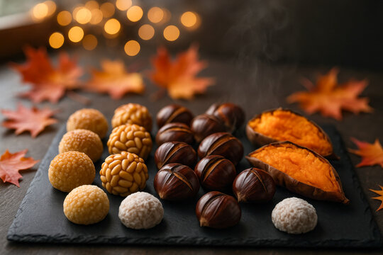 Close-up of Castanyada celebration sweets with roasted chestnuts, sweet potatoes, and panellets on a slate board, surrounded by autumn leaves.
