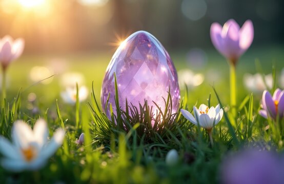 Transparent crystal easter egg rests in green grass amid blooming spring flowers. Sunlight shines brightly, illuminating the decorative purple egg and surrounding nature. Festive scene. - Powered by Adobe