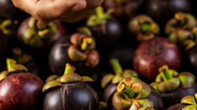 Hand Placing Exotic Mangosteen Fruit Among Pile - Close Up