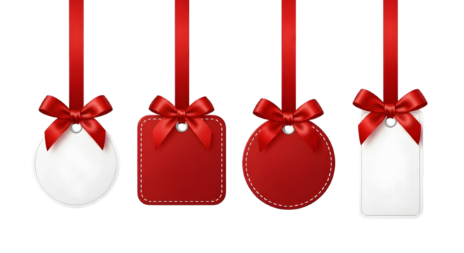 Four blank gift tags with red ribbons and bows