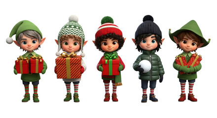 Five cute cartoon elves in winter clothing holding gifts and a snowball