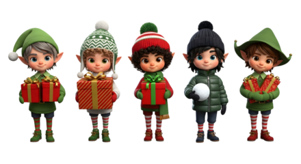 Five cute cartoon elves in winter clothing holding gifts and a snowball