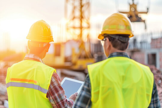 Builders in high-visibility clothing reviewing documents on a tablet at a glowing construction site