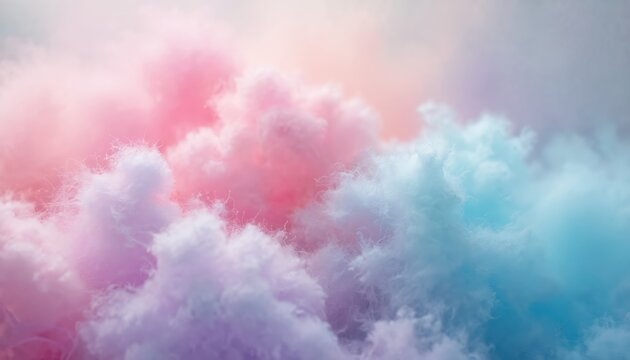 Fluffy pastel colored cotton candy clouds drift gently against a soft background. Close up macro view shows sweet spun sugar texture. Colorful confection dessert is airy and light.