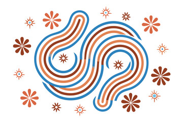 Intertwined Swirls and Floral Shapes in Blue and Brown on White abstract curves