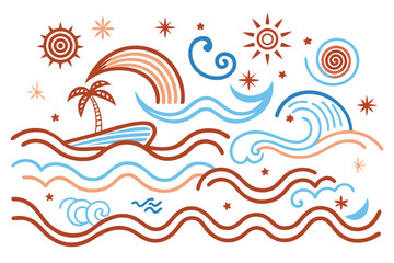 Tropical Island Scene with Palm Tree, Rainbow, and Waves in Earthy Tones vector illustration