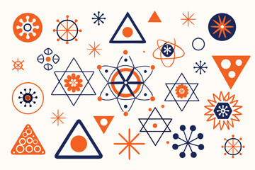 Collection of retro geometric shapes and symbols on a cream background abstract blue