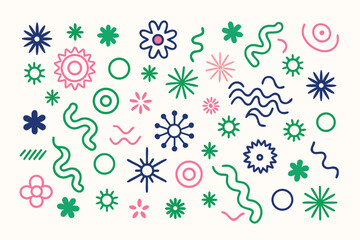 Playful Assortment of Abstract Shapes and Wavy Lines in Pink, Green, and Blue curves