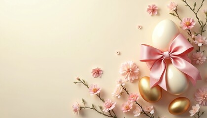 Elegant Easter eggs with pink ribbon and delicate flowers on pastel background. Golden eggs and blooms adorn festive spring composition, ideal for holiday cards and decor.