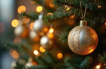 Fototapeta premium Golden bauble hangs on green christmas tree branch with blurry warm lights. Ornate festive ornament sparkles. Winter holiday home decor. Season celebration. Merry christmas eve.