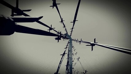 animation barbed wire in an old fence. A prickly knot on the barbed wire. An old fence with a blurred background of green vegetation visible behind - Powered by Adobe