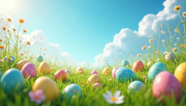 Colorful Easter eggs hidden in green grass under bright blue sky with fluffy white clouds. Small flowers dot landscape, suggesting spring celebration, outdoor activity. Scene conveys joy, tradition. - Powered by Adobe