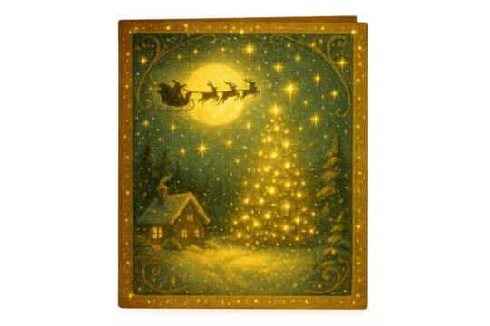 Santa claus flying sleigh through starry christmas night over snow-covered village and glowing holiday tree