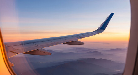View from airplane window showing wing and distant mountains at sunset, representing travel, freedom, and adventure, perfect for vacation concepts