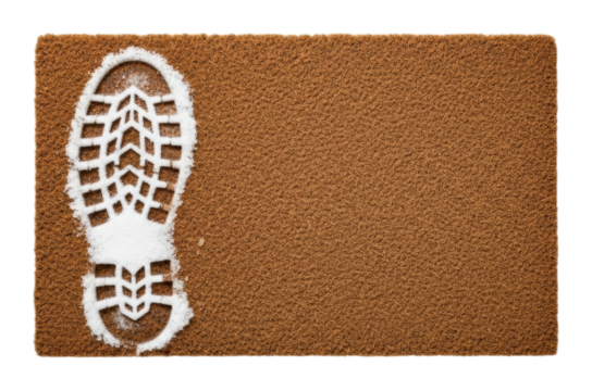 Footprint on doormat in winter minimalist isolated on transparent background