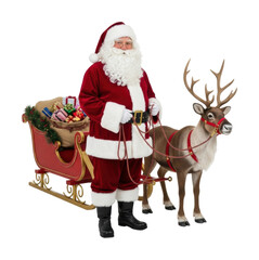 Santa claus with reindeer and sleigh christmas scene winter wonderland isolated on transparent background