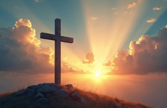 Wooden cross on hill at sunrise sunset. Dramatic sun rays break through clouds. Symbolizes faith hope resurrection and Gods love. Inspires peace and spirituality.