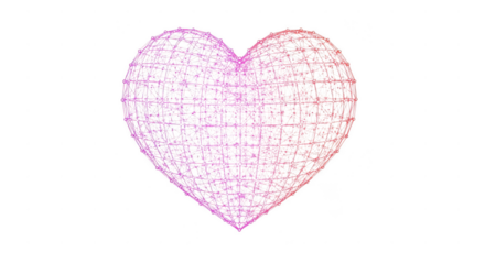 Abstract glowing wireframe heart of interconnected lines and dots in pink and red gradient, symbolizing digital connection, love, and health. isolated on transparent background