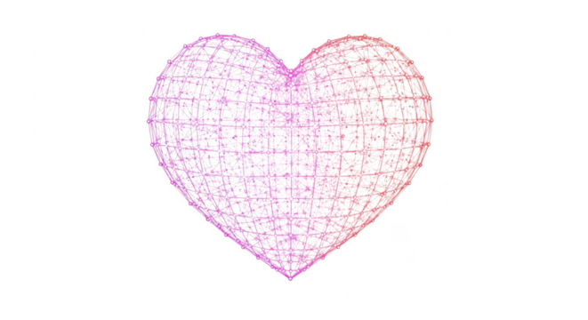 Abstract glowing wireframe heart of interconnected lines and dots in pink and red gradient, symbolizing digital connection, love, and health. isolated on transparent background